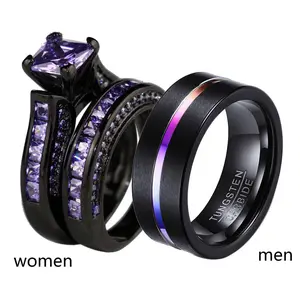 2 Rings His And Hers Couple Rings Black Rings Princess Purple Cz Womens Wedding Ring Sets Tungsten Steel Mens Wedding Bands