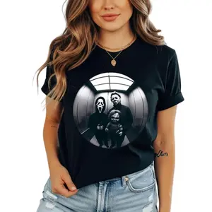 Spooky Elevator of Nightmares Shirt! Featuring Slasher Icons, Perfect for Halloween. Casual Short - Sleeve Graphic Tee, Unisex Black Crewneck, Ideal for Streetwear with a Funny Quote!