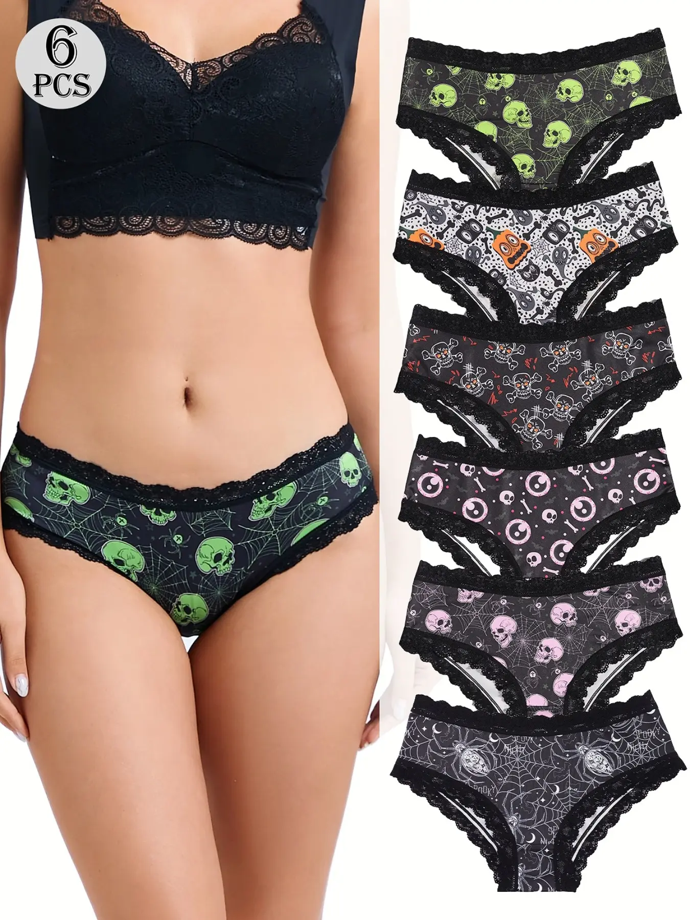 Morvia Sexy Cute Gothic Halloween Contrast Lace Hipster Panties, Allover Print Comfy Intimates Briefs Panties, Women's Underwear & Lingerie, Womenswear