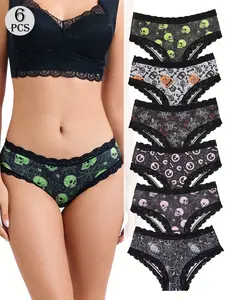 Morvia Sexy Cute Gothic Halloween Contrast Lace Hipster Panties, Allover Print Comfy Intimates Briefs Panties, Women's Underwear & Lingerie, Womenswear