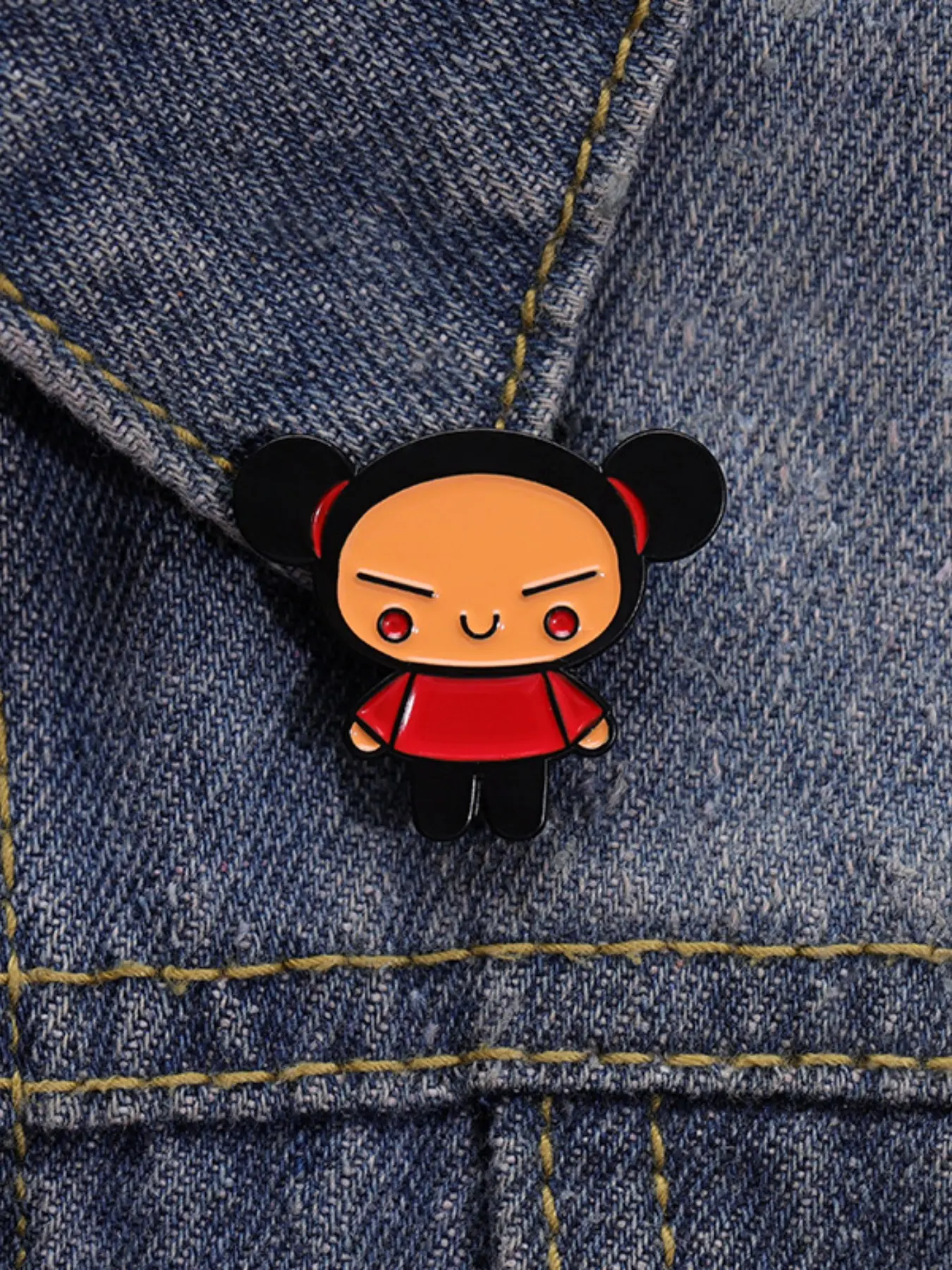 Chinese Doll Classic Cartoon Enamel Badge, Retro Design with Twin Buns Headband Smiling Face, Perfect Fashion Accessory for Pucca Fans