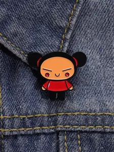 Chinese Doll Classic Cartoon Enamel Badge, Retro Design with Twin Buns Headband Smiling Face, Perfect Fashion Accessory for Pucca Fans