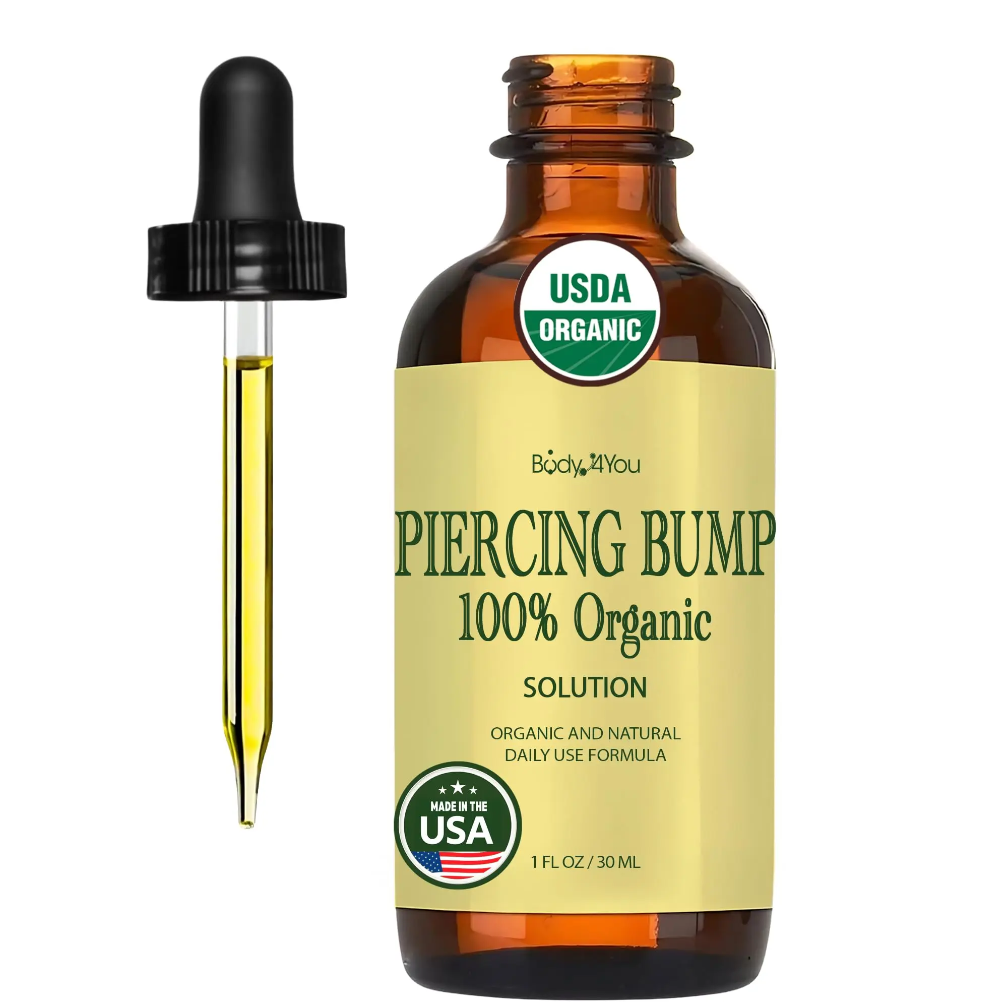 BodyJ4You Organic Piercing Bump Oil - USDA Pure Oils Blend for Nose, Septum, Belly, Ear - Skin Recovery Solution - 1 Fl Oz