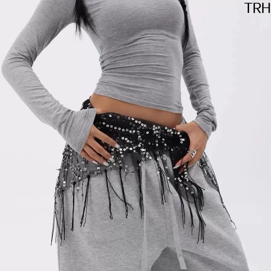 Women Sequin Tassel Hip Scarf, Mesh Triangle Belly Dance Waist Wrap, Fringed Dance Hip Skirt, Bohemian Layer Hip Cover Up, Sparkly Waist Chain Accessory for Jazz, Street Dance, Belly Dance Performance & Club Night Outfits