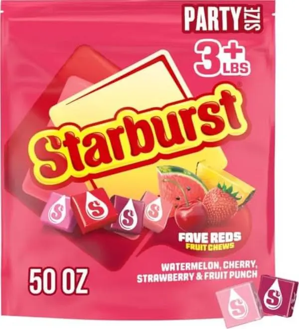 STARBURST FaveREDS Chewy Fruit Chews, Bulk, Wrapped, Party Size, 50 oz | Soft juicy red fruit chews individually wrapped, a bulk fit for party favors, sharing, road trips, lunch box, sour candy