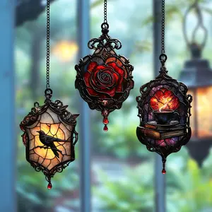 Gothic Autumn Triptych Acrylic Window Hanging – Faux Stained Glass Crow, Red Rose & Coffee Cup on Books Suncatcher, Perfect Halloween Gift