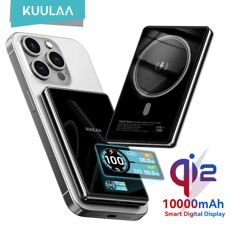 KUULAA Magnetic 10000mAh Portable Power Bank - Qi2 Certified 15W Max Fast Wireless Charging, Digital Display, MagSafe-Compatible Pocket-Sized Mobile Smartphone Accessory, Accessories, Power Bank Charger