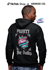 Kennidi Co. Protect The Dolls Zip Up Hoodie Classic Cotton Fleece Menswear Soft Comfy Loose Polyester Blend with Pouch Pocket and Color-Matched Drawcord