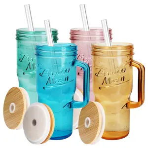 ANOTION New Year Gifts  24oz Colored Glass Cups with Lids and Straws with Handle  -Tumbler Coffee Cups Mason Jar Coffee Bar Accessories Springtok  Bamboo Drinkware Bottles