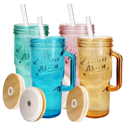 ANOTION  24oz Colored Glass Cups with Lids and Straws with Handle  -Tumbler Coffee Cups Mason Jar Coffee Bar Accessories Springtok  Bamboo Drinkware Bottles