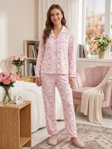 Sweet Bow Heart Print Two-Piece Womens Sleepwear, Soft Skin-Friendly Fabric Long Sleeve Button Top and Pants Set, Cute Cozy Ribbon Pajamas Set for All Seasons