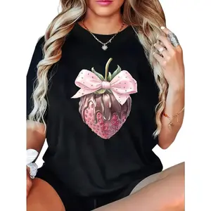 100% Cotton Strawberry With Pink Bow T-Shirt Women Men Outdoor Casual Short Sleeve Comfortable And Versatile
