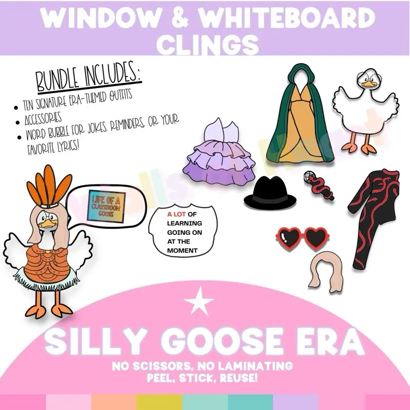 Silly Goose- Tswift inspired era costumes- Clings Window and Whiteboard Clings for Classrooms Offices No Residue Removable and Reusable Peel and Stick Decor Window Stickers