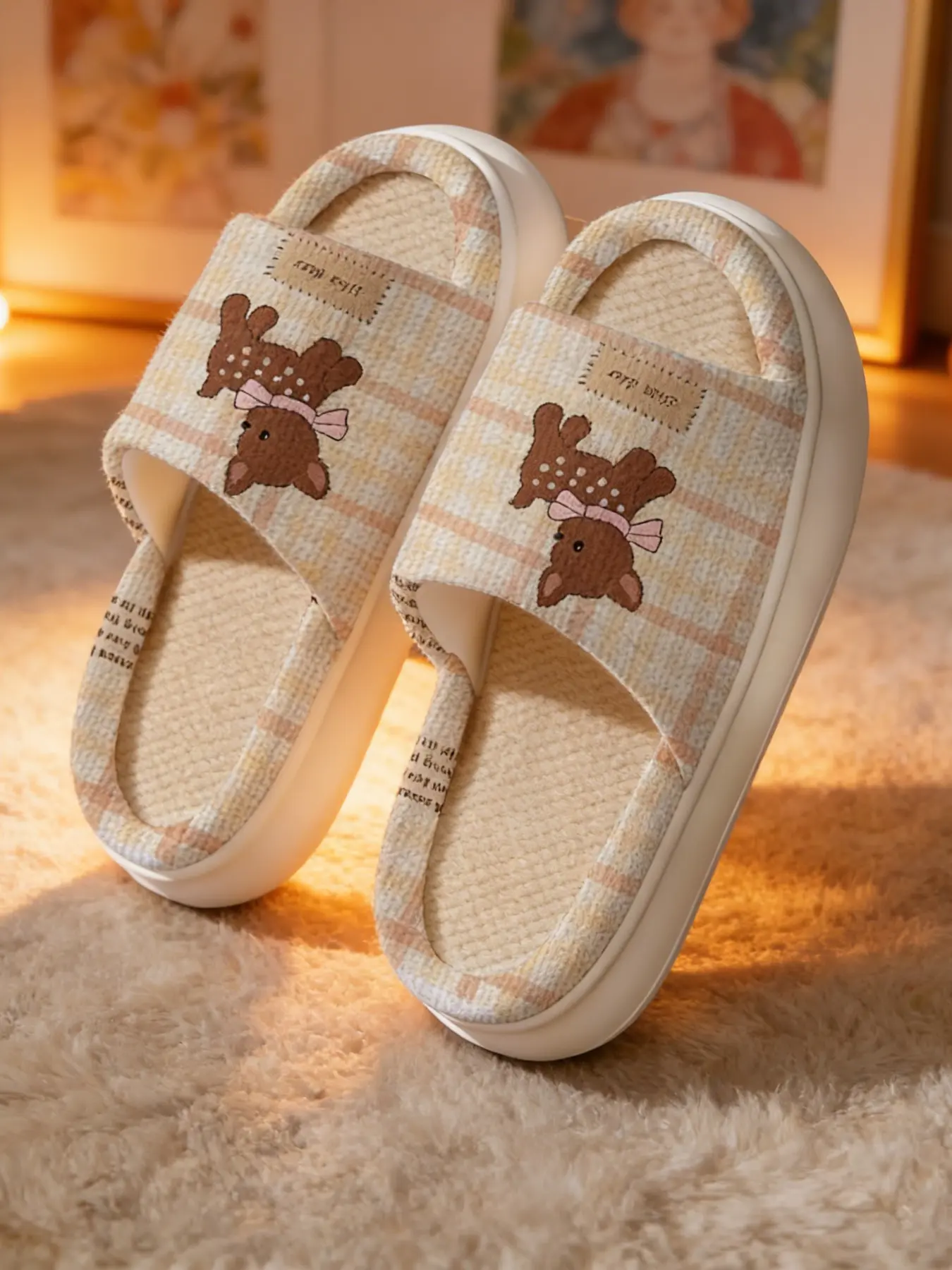 Vintage Plaid Deer Embroidery Slippers, Linen Breathable Soft Cute Girl Daily Thick Sole Sandals, Comfortable Home Footwear