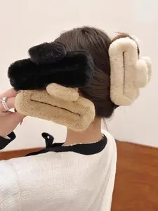 3pcs Plain Plush Large Hair Claws, Elegant Temperament Non-slip Hair Claws, Thick Hair Bun Hair Claws, Daily Casual Versatile Hair Accessories For Women And Girls, Fuzzy Hair Clip, Hairpin