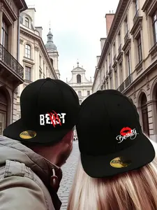 2pcs Couple Hat, Beauty and the Beast Print, Hip-Hop Style, Adjustable Casual Baseball Cap, Perfect for Spring & Fall, Travel, Beach, Party