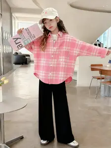 Checkered Shirt Button up Long Sleeved Shirt, Girls' New Pink Shirt