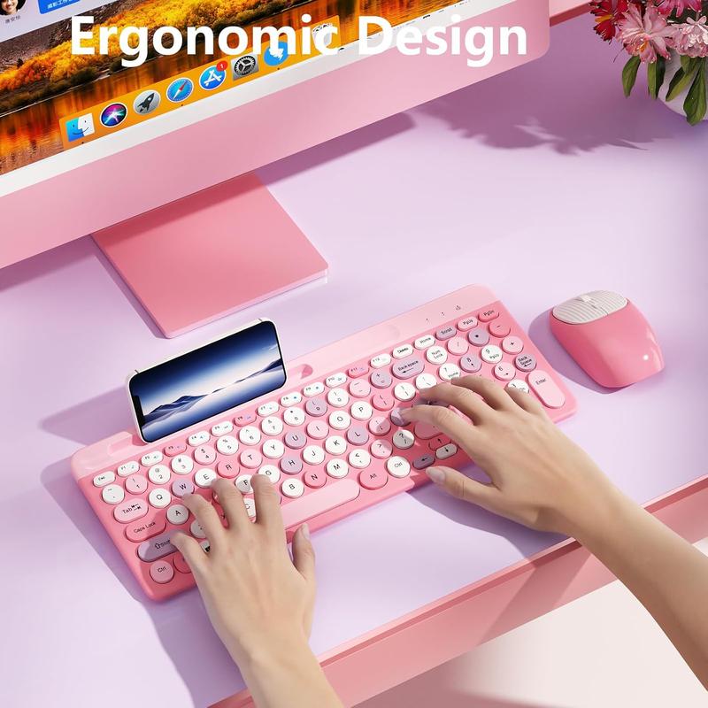 F-KBB01 Retro Wireless Keyboard with Round Keycaps, 2.4GHz Full-Size USB Cute Wireless Keyboard Mouse for Computer, Desktop, Laptop and Computer (Pink-Colorful)
