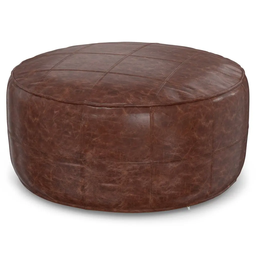 360 stand Brown Leather Round Pouf Ottoman - Large Polystyrene Footrest, 14x34x34 in (Model 638578), Comfortable, Bohemian Decor, Extra Seat, Boho Home, Modern Upholstered Living Room Furniture