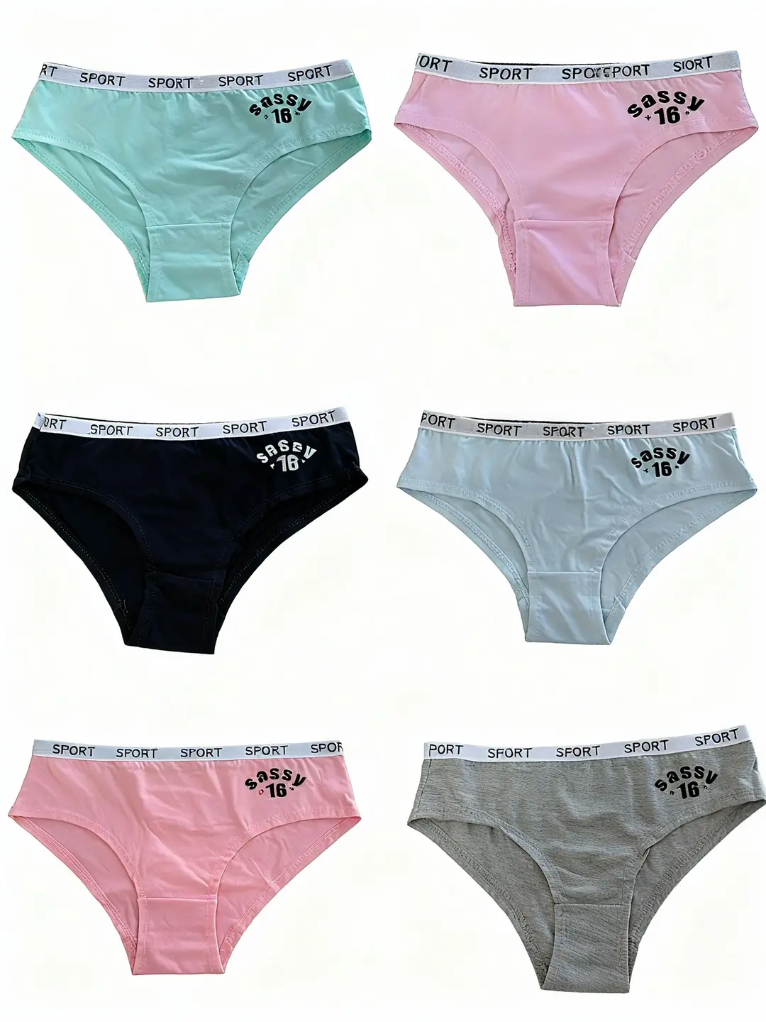 2073#Women's Sport Underwear Pack Sassy 6 Print Multi-Color Black Pink Blue Green Grey US Alpha Medium Regular Multicolor