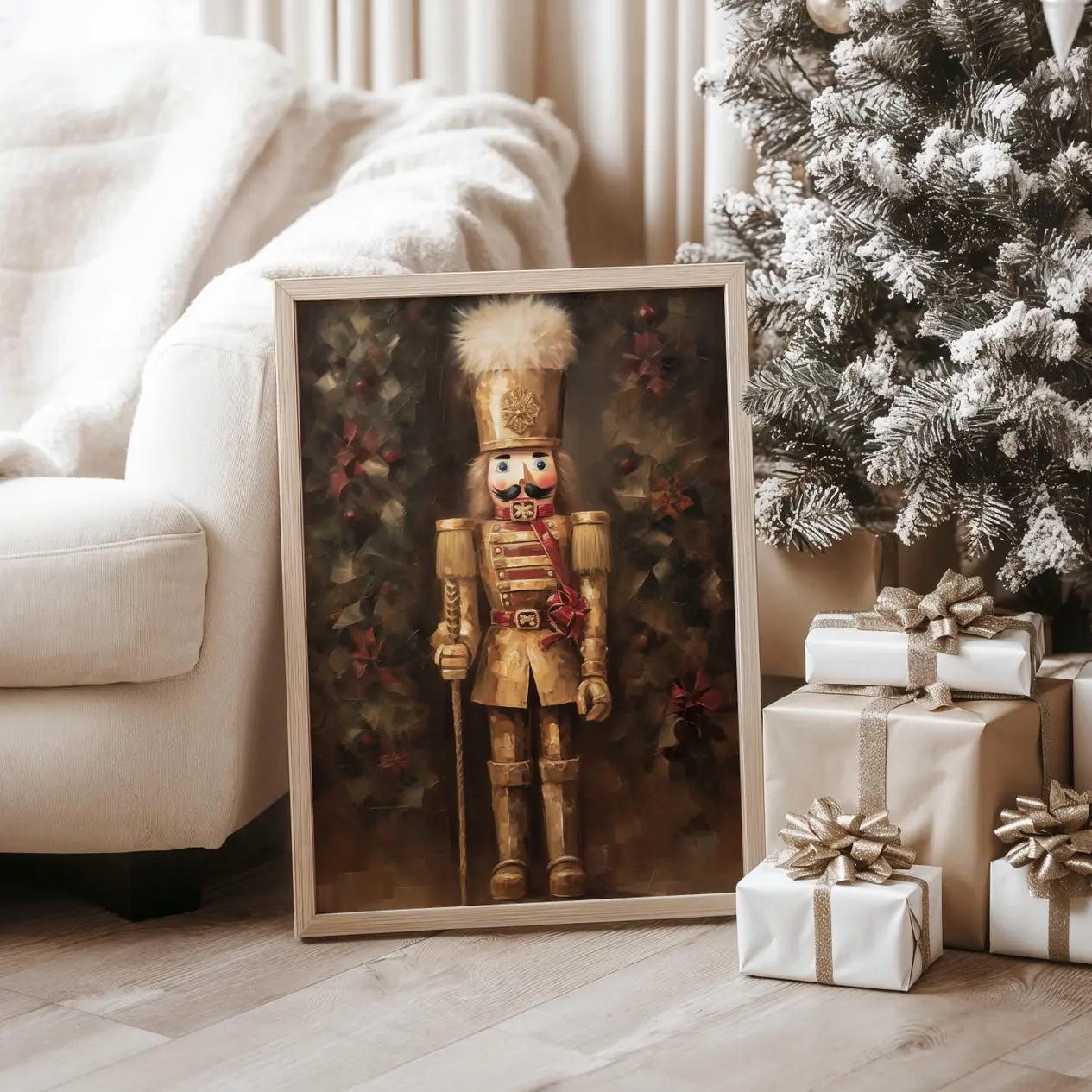 Gold Nutcracker Wall Art | Vintage Christmas Home Decor | Golden Nutcracker Artwork | Gold Print |Frameless F
