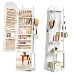 [Mother's Day Gift]HOOBRO 360° Swivel Jewelry Cabinet with LED Lights, Standing Jewelry Organizer with Storage Shelf, Arched Full-Length Mirrored Jewelry Aromires, Lockable Jewelry Cabinet, Makeup Brush Boxes, White