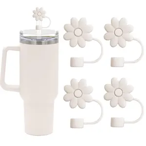 4pcs/Flower Straw Covers Toppers for Cups 30&40 Oz Tumbler Accessories Silicone Straw Caps Reusable Straw Tips Protectors for Cup 10mm 0.4in Straws,Off White, Kitchenware
