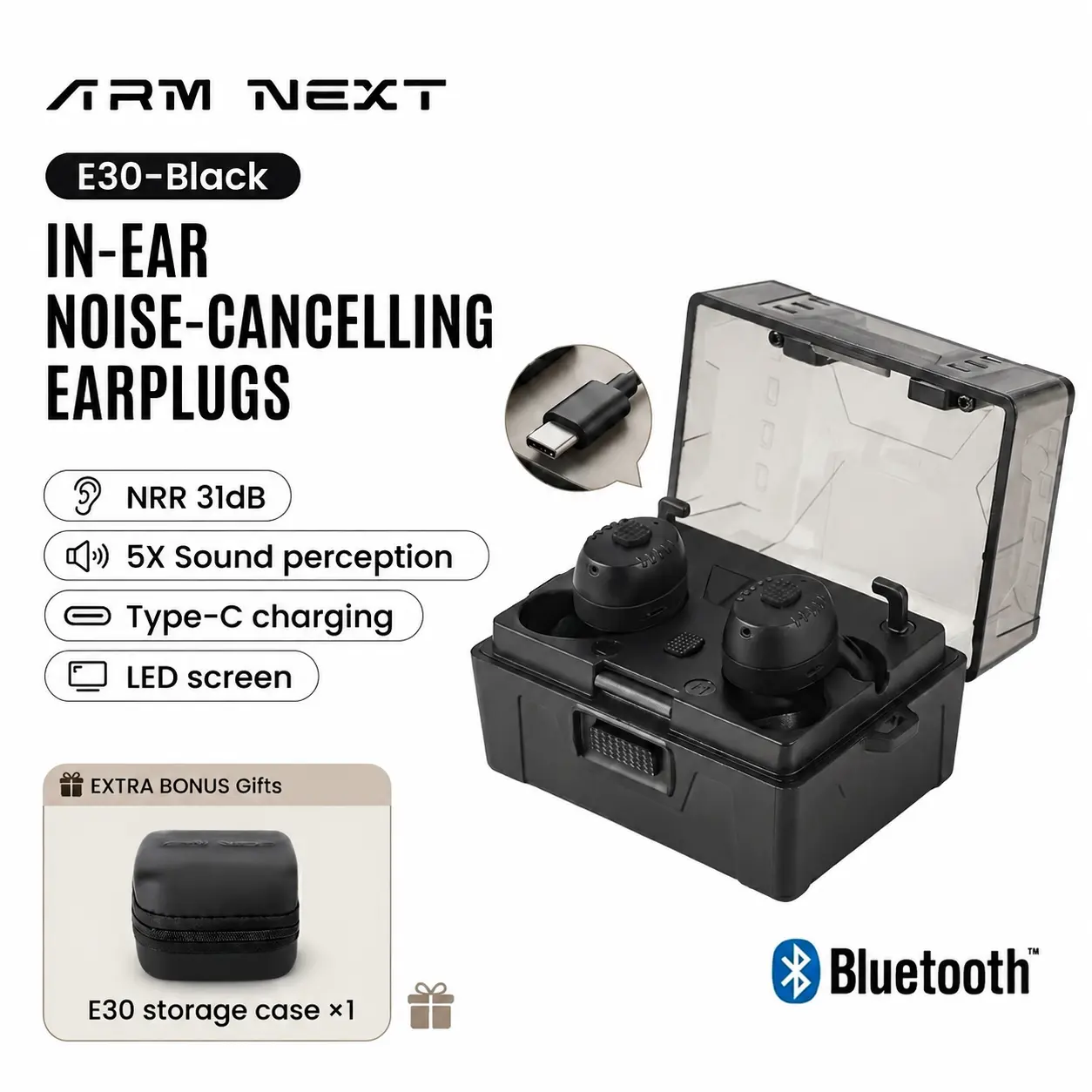 Tactical In-Ear Hearing Protection Earbuds with Digital Display, ABS Electronic Earplugs with 31dB Noise Reduction & Bluetooth Sound Amplification for Shooting, Construction & Industrial Work, Hunters, Instant
