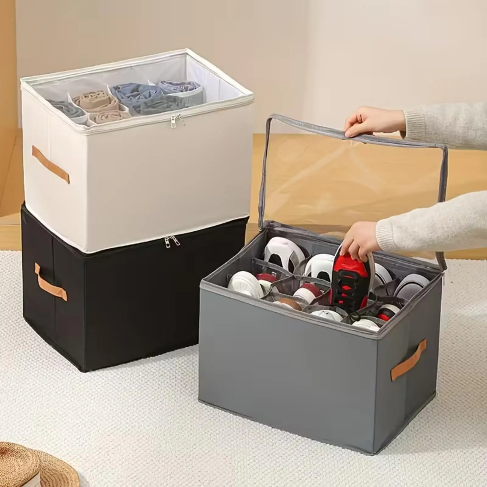 1 Pack Shoe Organizer for Closet Foldable Shoe Storage Containers  Storage Organizer Box Cubby Baskets Bins with Clear Cover and Reinforced Handles