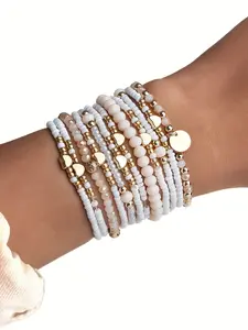 Artificial Crystal Beads Bracelet Set, Heart & Rice Bead Mix, Layered Valentine's Day Gift Jewelry, Romantic Bracelet Set, 12-Piece Stackable Design, Crystal Beaded Bracelet, Bracelet for Couples, Heart Shaped Bracelet, Stacking Bracelet, Bracelets Stack