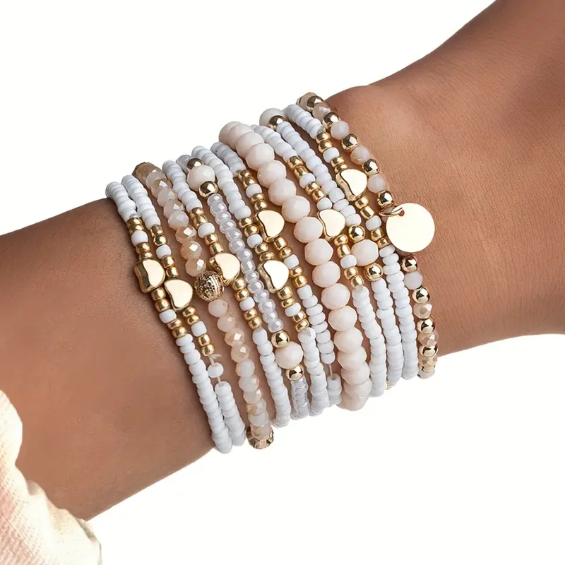 Artificial Crystal Beads Bracelet Set, Beaded Bracelet Sets, Heart & Rice Bead Mix, Layered Valentine's Day Gift Jewelry, 12-Piece Stackable Design, Crystal Beaded Bracelet, Bracelet for Couples, Heart Shaped Bracelet, Stacking Bracelet