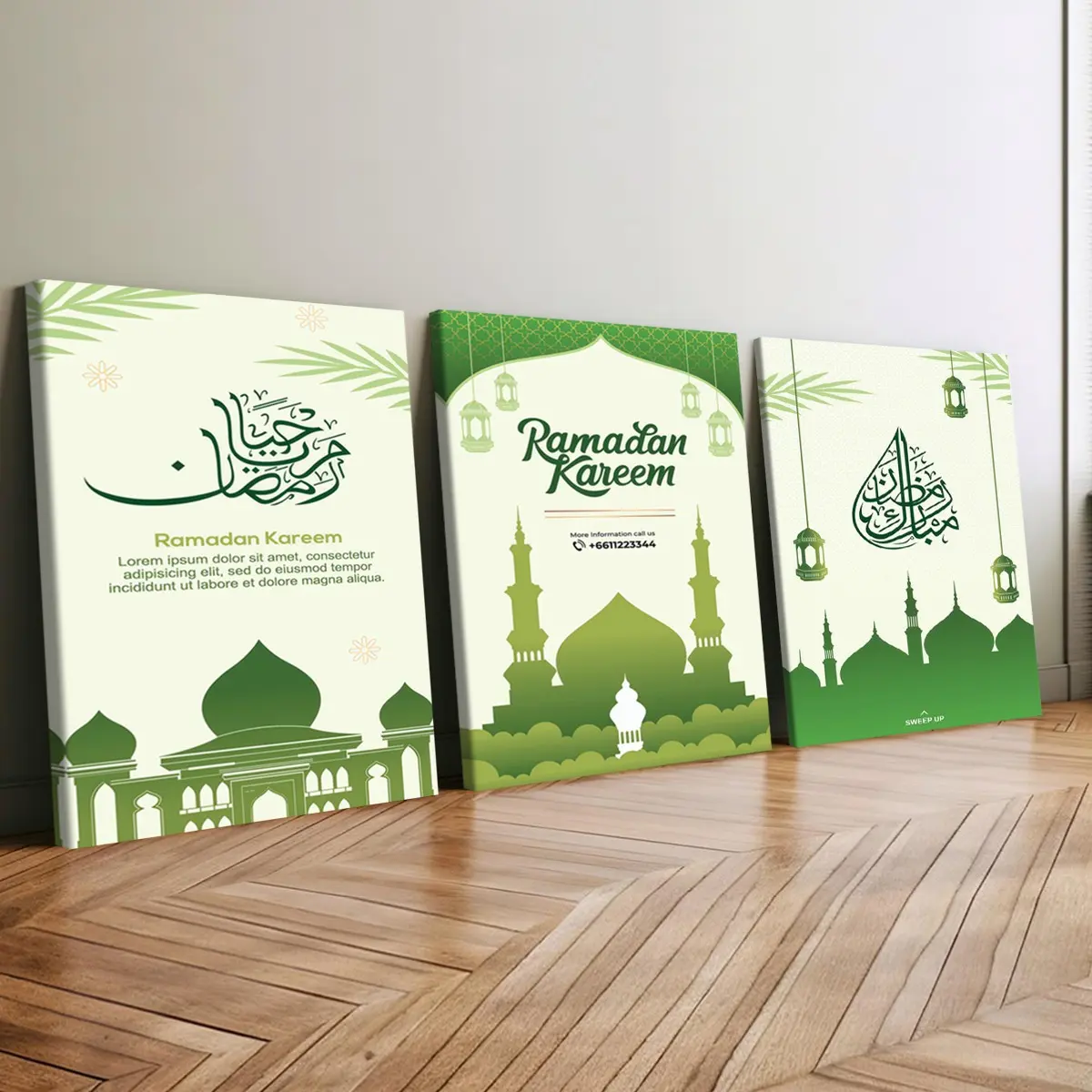 3 count wooden frame canvas, "Ramadan Kareem" Ramadan theme triple decoration poster, fashion art decoration, modern family poster, exquisite wooden frame painting, suitable for living room corridor wall decoration, printing, waterproof, art