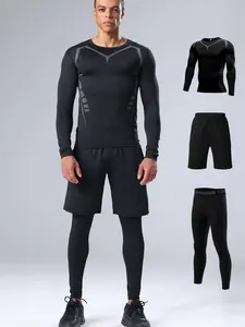 Three-Piece Set Men's Graphic Print Round Neck Tee & Drawstring Waist Shorts & Letter Print Leggings Tracksuit Set, Tight Sporty Breathable Comfy Outfits for Gym Workout Running, Men Tracksuits for Summer