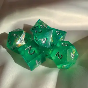 Green Flame Blade - iridescent green and silver dnd dice
