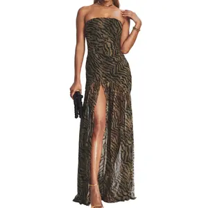 Women's Strapless Tube Neck Zebra Print Sheer Mesh High Slit Maxi Dress, Sexy Party Matching Piece