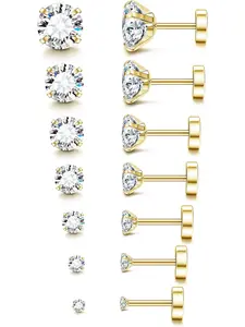 7 Pairs Unisex Rose Golden Polished Stainless Steel Ear Studs Dazzling Zirconia Embellishment Ergonomic Flat Back Structure Safe Cozy Wearing Experience High-grade Hypoallergenic Great for Sensitive Skin Wearers Multi-scenario Cartilage Earrings