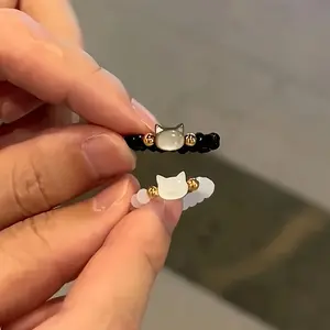 2pcs/set Black And White Cat Beaded Ring Set - Women's Simple Party Accessories Cat Earrings, Handmade Jewelry Craft Kit