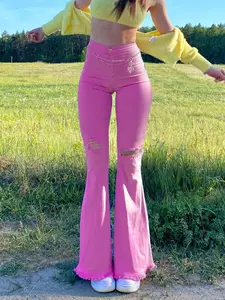 Fashion Casual Streetwear Denim Elastic Ripped Bell Bottom Jeans, Women's Front Button Pocket Flared Jeans, Heart Pattern Fitted Pants