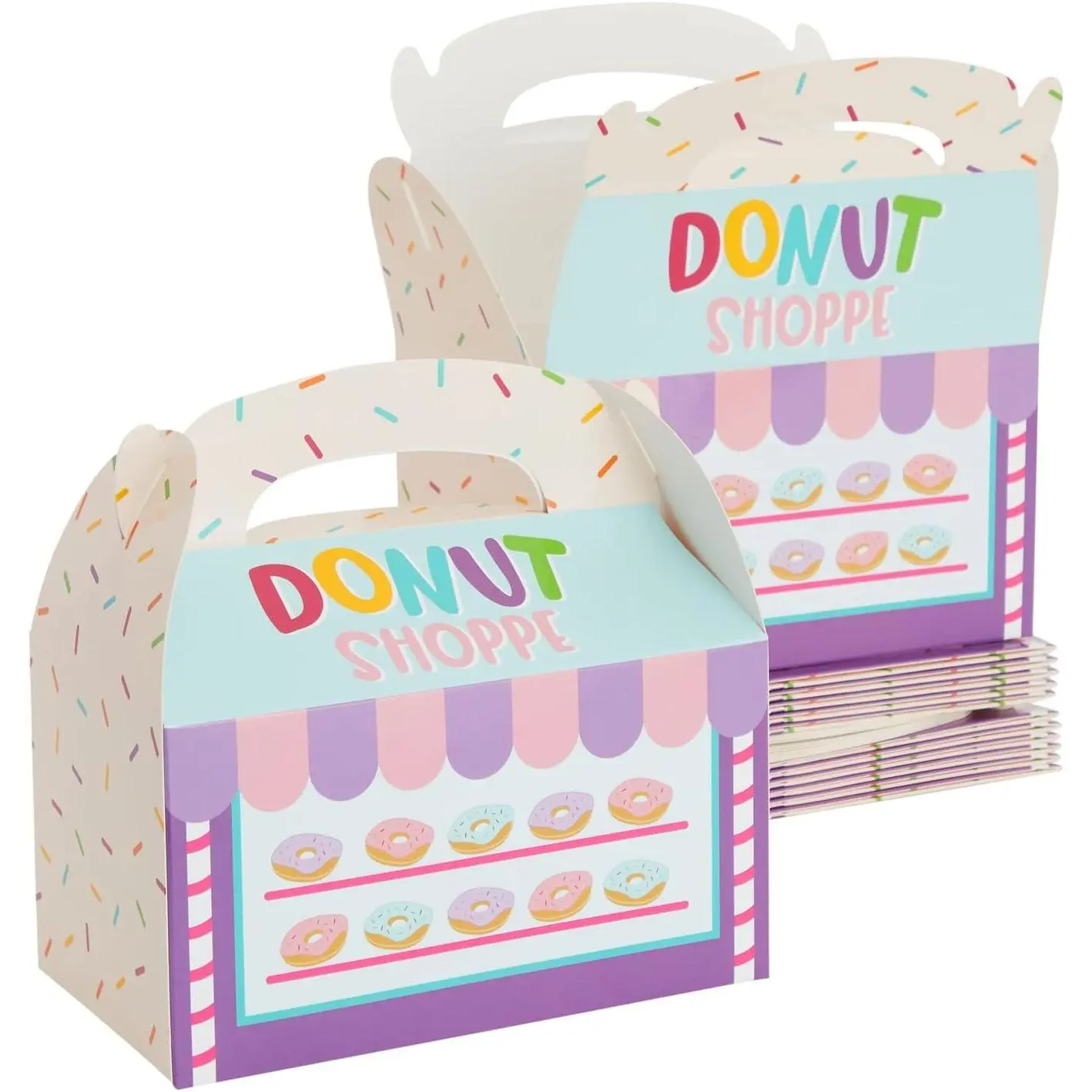 24 Pack Donut Treat Boxes with Handles for Goodies, Donut Grow Up Birthday Party Supplies