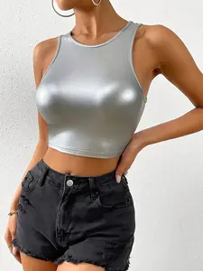 Y2K Metallic Silver Crop Top Women Futuristic Cybercore Shiny PU Leather Sleeveless Tank Top Baddie Clubwear Party Night Out Festival Outfit Slim Fit Wet Look High Neck Streetwear Trendy Summer Fashion Viral Must Have