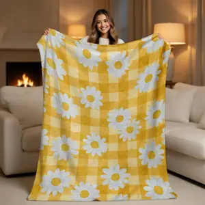 Yellow Checkered Daisy Aesthetic Throw Blanket | Cute Soft Cozy Floral Gingham Blanket for Couch Bed, Retro Picnic Blanket, Spring Gift