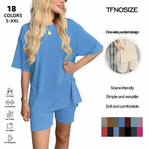TFNOSIZE Women's Summer Set Loose Round Neck Slit Shirt & High-Waist Side Pocket Cycling Shorts Sports Two-Piece Casual Set, Elegant, Comfortable, Simple, Breathable Home Wear Women's Pajama Set Fashion Clothing Airport Travel Outfit