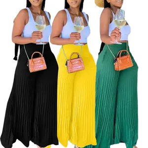 Summer Autumn Clothes Elegant Wide Leg Straight High Waist Pleated Pants  Women Beach Holiday Boho Trousers