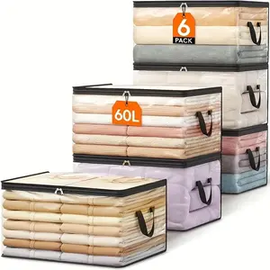 6-Pack Large Moving Bags, Transparent Durable Storage Bags with Lids, Zipper Closure, Ideal for Clothes, Space-Saving Packaging