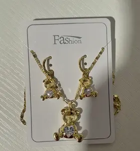 Fashion Earrings & Necklace Bear Set with Sparkling Stones and Gold-Tone Chain Perfect for Gift