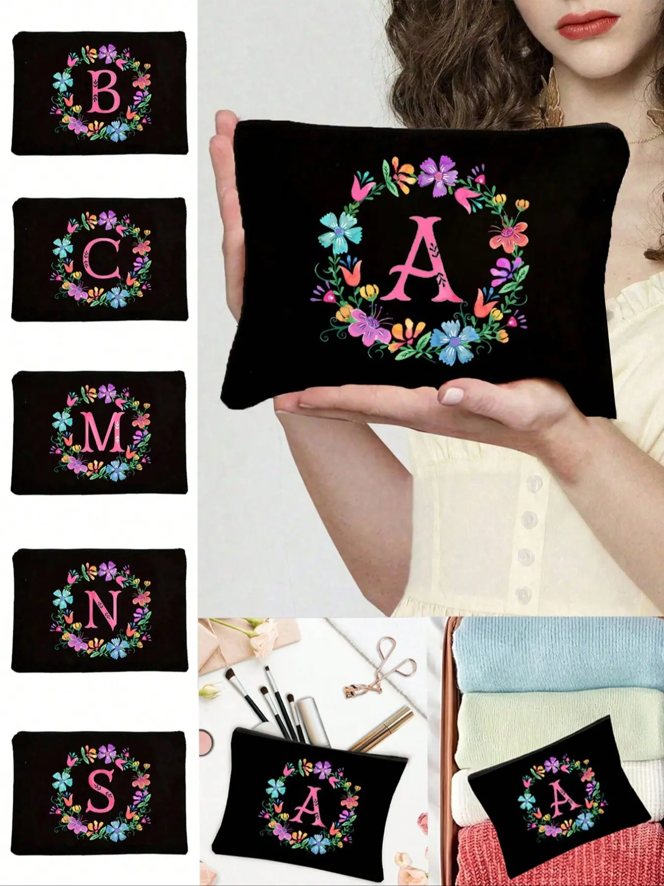 Personalized English initials cosmetic bag, watercolor floral cosmetic bag, Cosmetic storage bag, toiletry bag, Travel Makeup Pouch, suitable for women, portable, lightweight and fade-resistant, Makeup Organizer Pouch