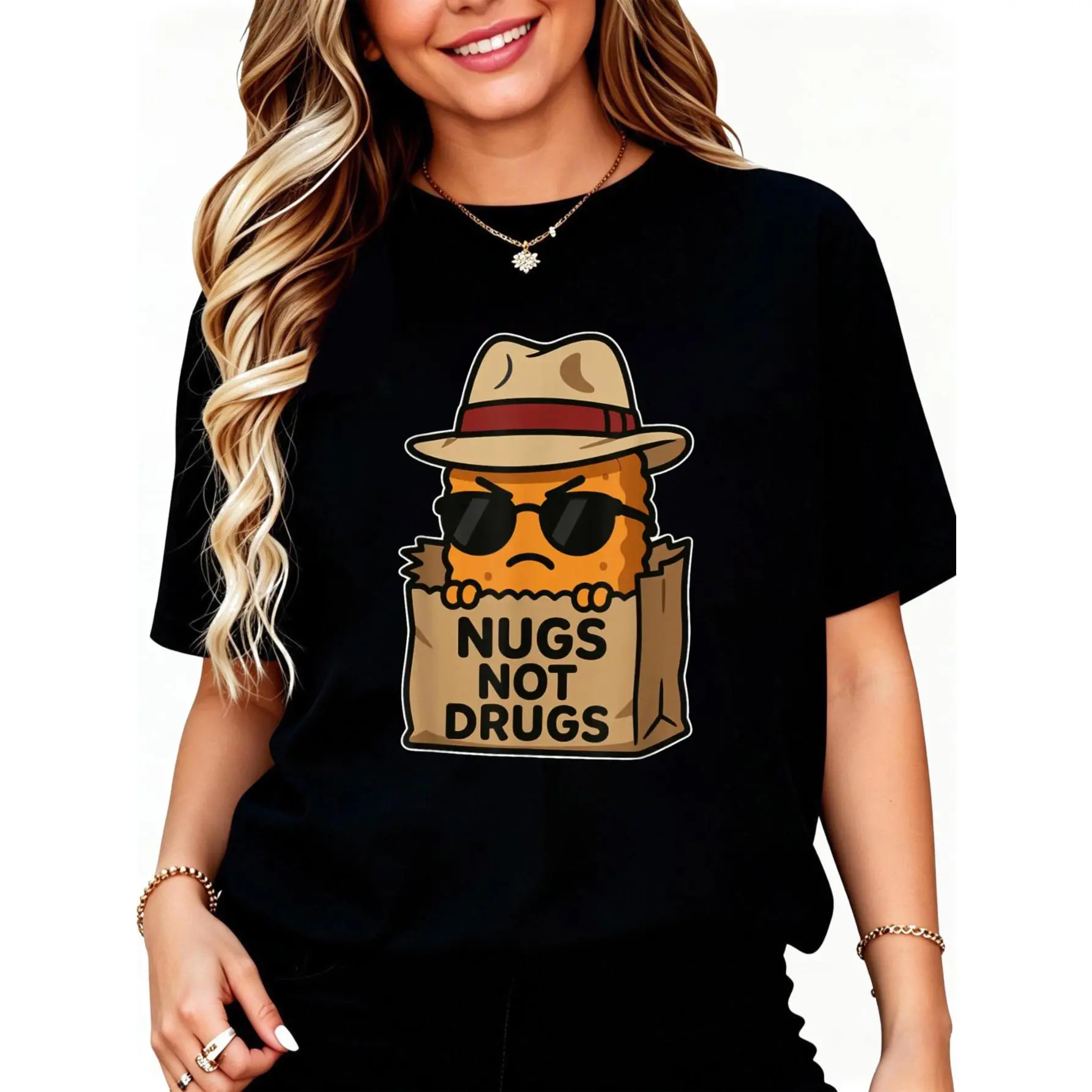 100% Cotton Nugs Not Drugs Funny Cartoon Chicken Nugget Meme Pun T-Shirt