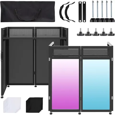 Adults' Portable Detachable Modern DJ Booth Kit Table (40"x20" Tabletop) - 8-Piece, Quick Assembly, Fast Fold, Black/White Scrims, High-Density Coated Oxford Carry Bag, Adjustable Foot Pads, Lighting Swap, for Events, Party, Shows, Outdoor Use