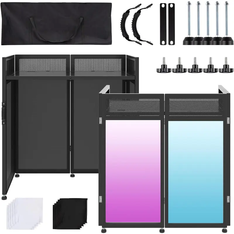 Adults' Portable Detachable Modern DJ Booth Kit Table (40"x20" Tabletop) - 8-Piece, Quick Assembly, Fast Fold, Black/White Scrims, High-Density Coated Oxford Carry Bag, Adjustable Foot Pads, Lighting Swap, for Events, Party, Shows, Outdoor Use