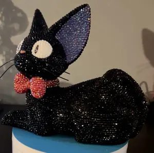 Rhinestone Jiji Cat Piggy Bank - Black Plastic Cat Design with Red Bow Tie Sparkling Decorative Bank for Cat Lovers - Ornaments